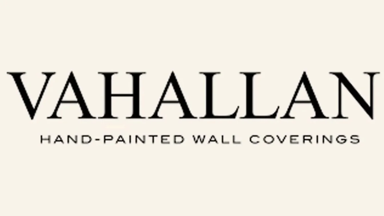 Vahallan logo with the text 'Vahallan Hand-Painted Wall Coverings' on a beige background.