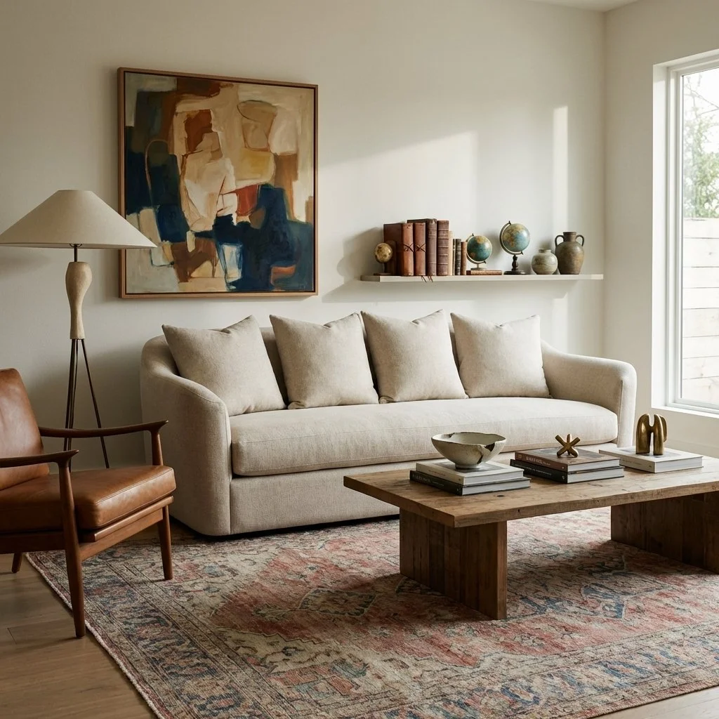 Living room with a beige sofa, wooden armchair, wooden coffee table, abstract painting, shelf with books and globes, floor lamp, and window letting in natural light.