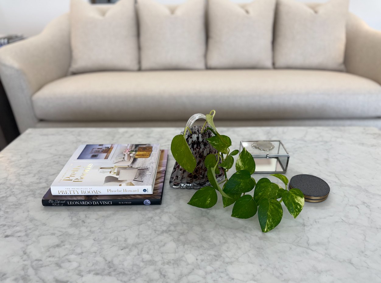 home decor accessories including books and plant on marble table in front of upholstered sofa