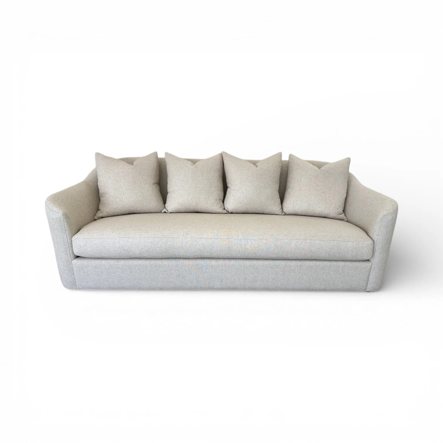 Light gray fabric sofa with five matching pillows set against a white background.