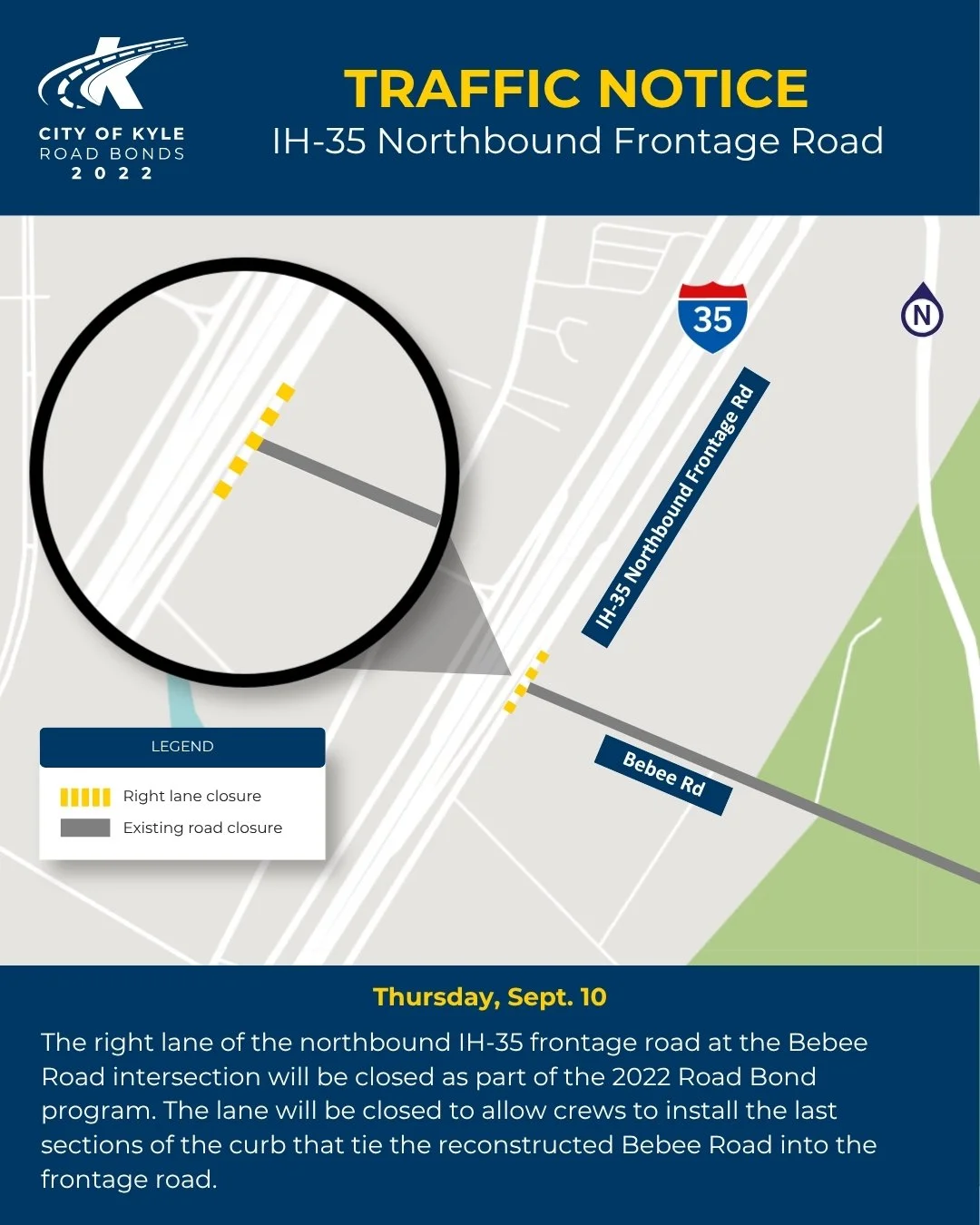 Stylized map showing right lane closure on northbound IH 35 frontage road near Bebee road