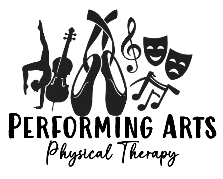 Logo featuring a handstand, a violin, ballet slippers, music notes, comedy and tragedy masks, and the text 'Performing Arts Physical Therapy'.