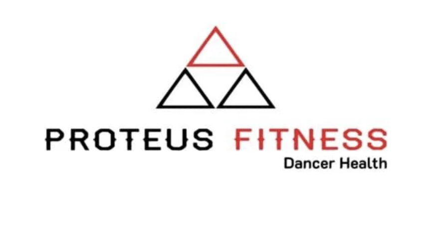 Logo with three triangles, the top one in red outlined, and the bottom two in black outlines, with text 'PROTEUS FITNESS' and 'Dancer Health'.