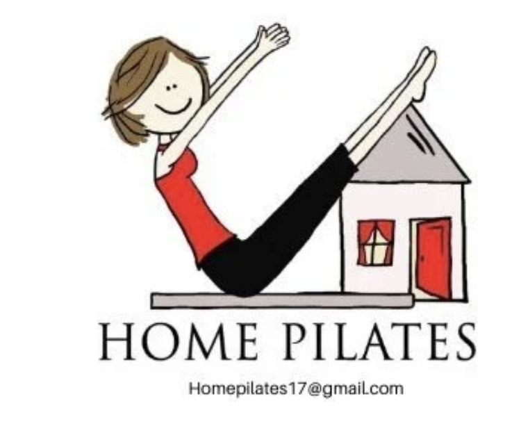 Cartoon of a woman doing a Pilates move on a mat in front of a house, promoting 'Home Pilates' classes.