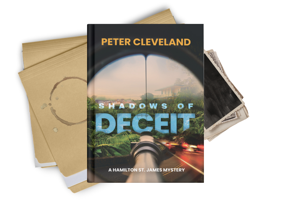 Book titled 'Shadows of Deceit' by Peter Cleveland with a view through binoculars or a scope, showing a landscape with a building, trees, and a highway with car lights at dusk, part of a stack of photographs or papers.