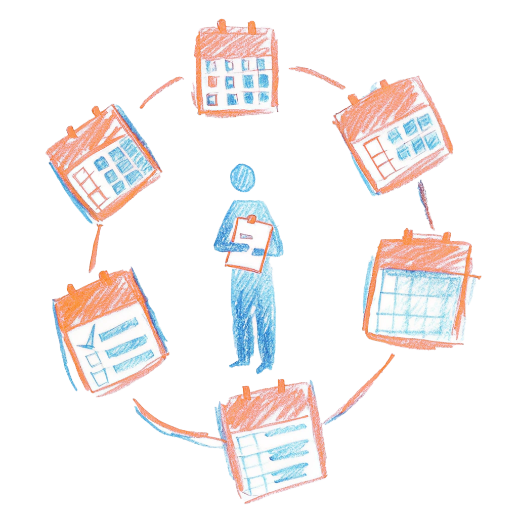 Hand-drawn illustration of a person standing in the center, holding a clipboard, surrounded by houses and buildings forming a circular pattern.