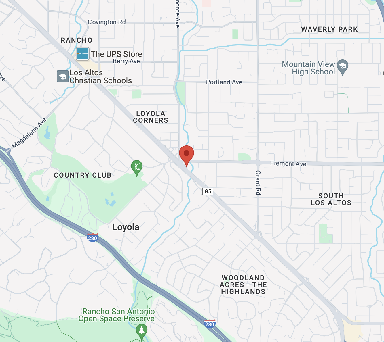 Map showing the area around Loyola, California, with landmarks including The UPS Store, Los Altos Christian Schools, Mountain View High School, Country Club, Woodland Acres - The Highlands, and Rancho San Antonio Open Space Preserve. The map highlights roads, waterways, and neighborhoods.