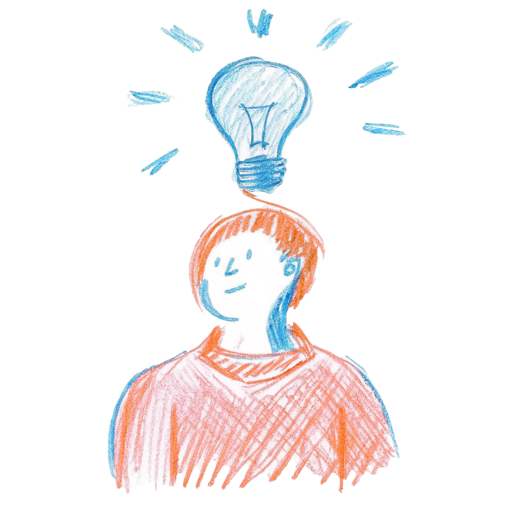 A hand-drawn illustration of a person with short red hair, wearing an orange sweater, with a thought cloud above their head containing a light bulb, symbolizing an idea.