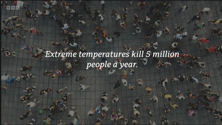 Aerial view of a crowd of people walking on a tiled pavement with overlaid text reading 'Extreme temperatures kill 5 million people a year.'