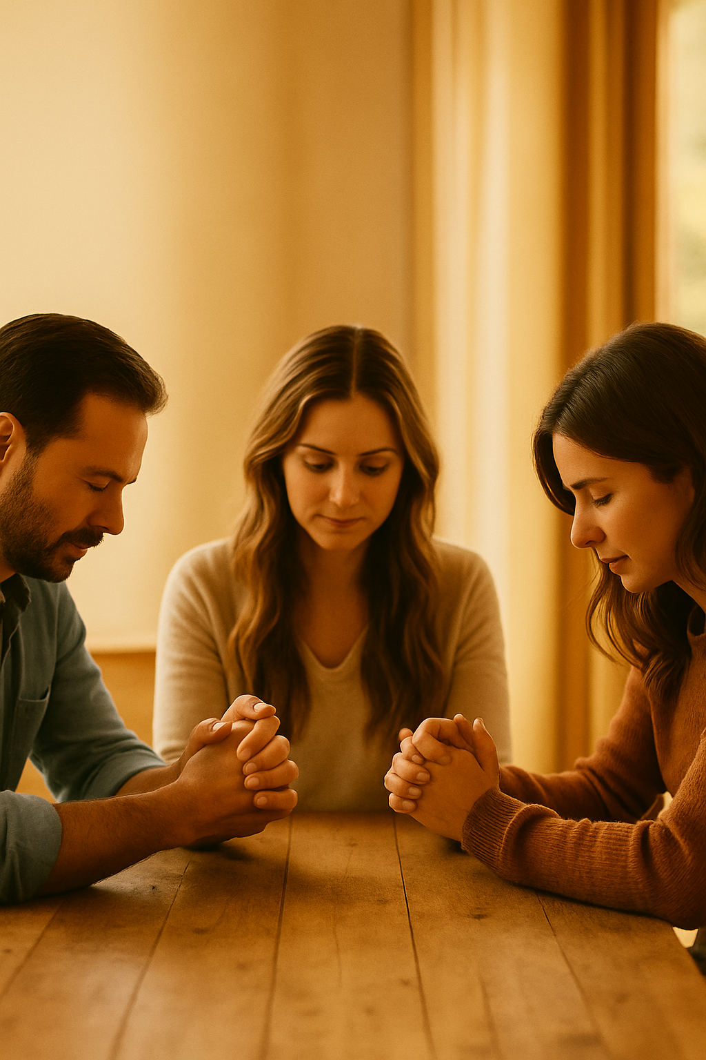 Three people with hands clasped in prayer at a wooden table, bowing heads