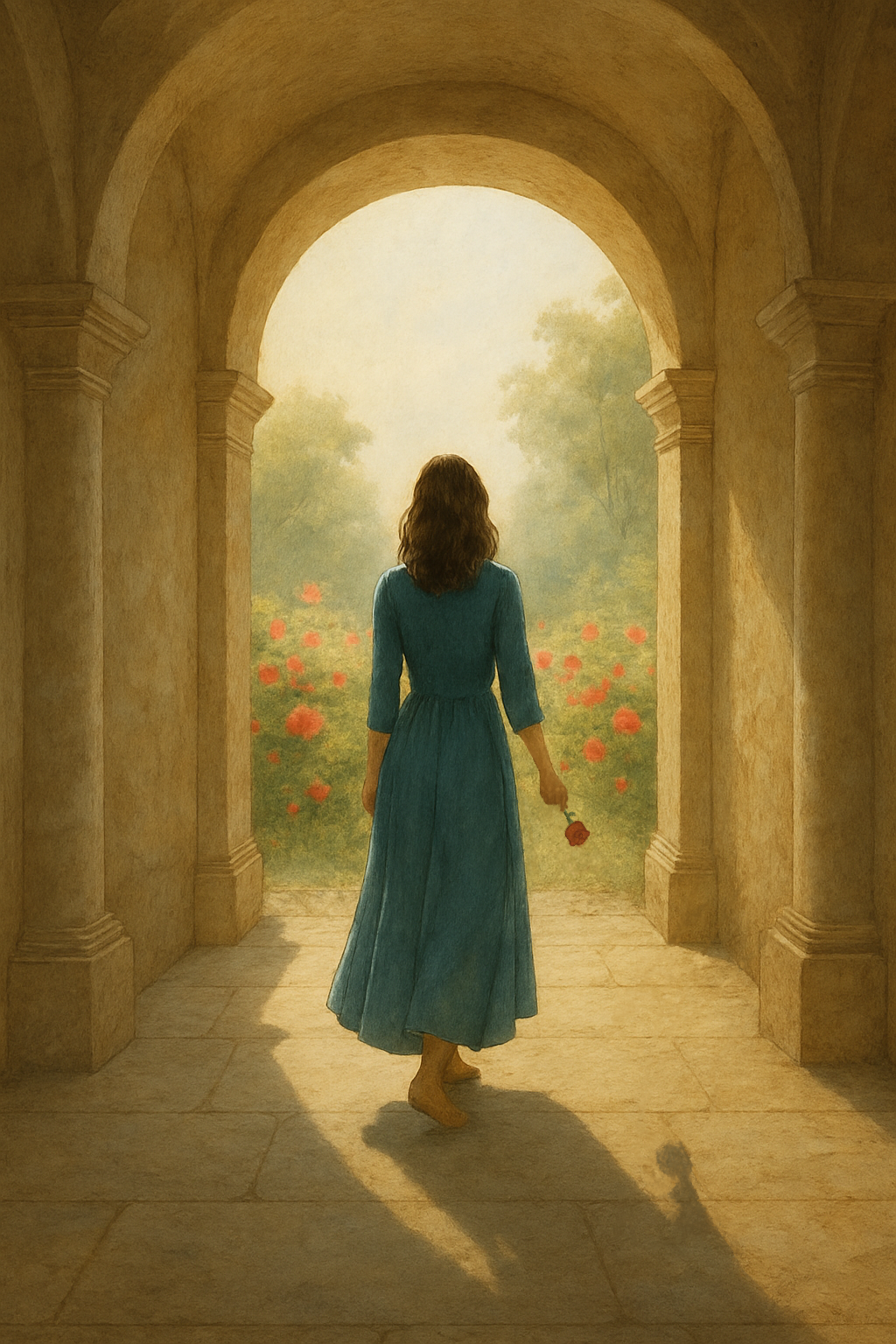 A woman with brown hair in a blue dress walking through an arched stone doorway towards a garden with pink flowers and green trees, holding a red flower in her right hand. The sunlight creates a shadow of her on the stone floor.