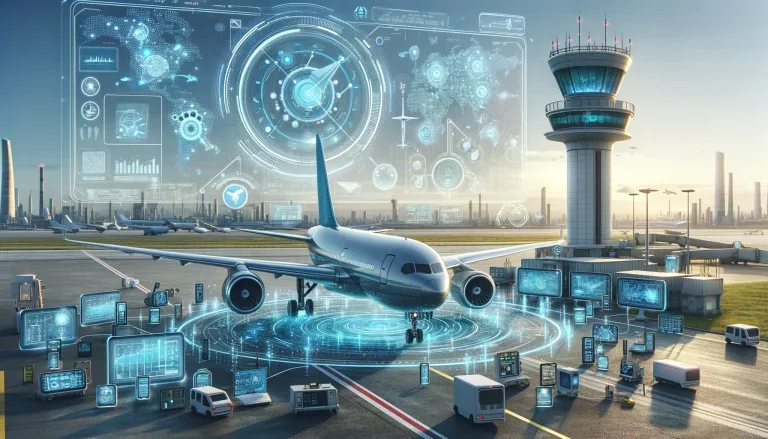 Futuristic airport with an airplane on the tarmac surrounded by digital screens displaying data, with a control tower in the background and a holographic overlay of digital interfaces and analytics.