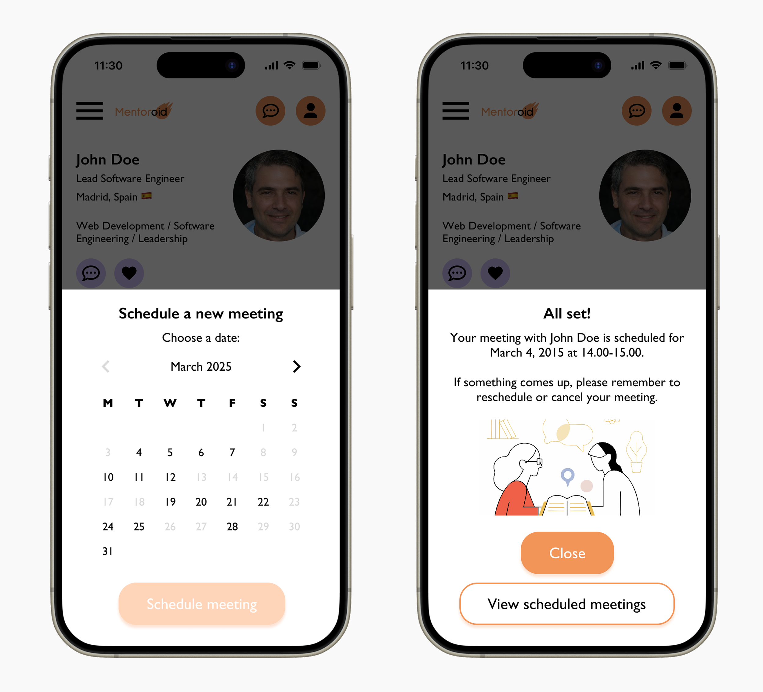 Mentoring platform mockup for mobile