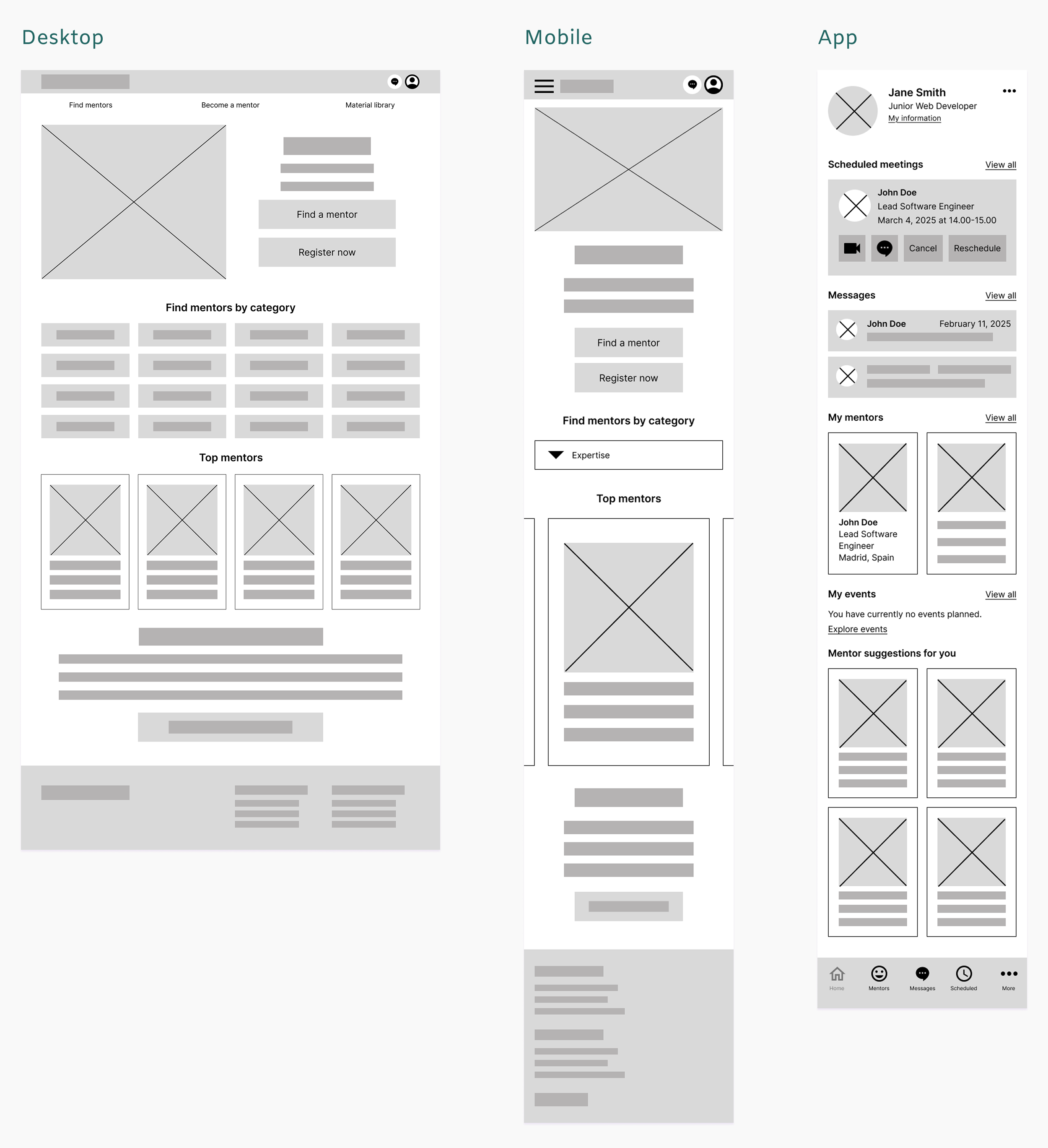 Homepage low-fidelity wireframes