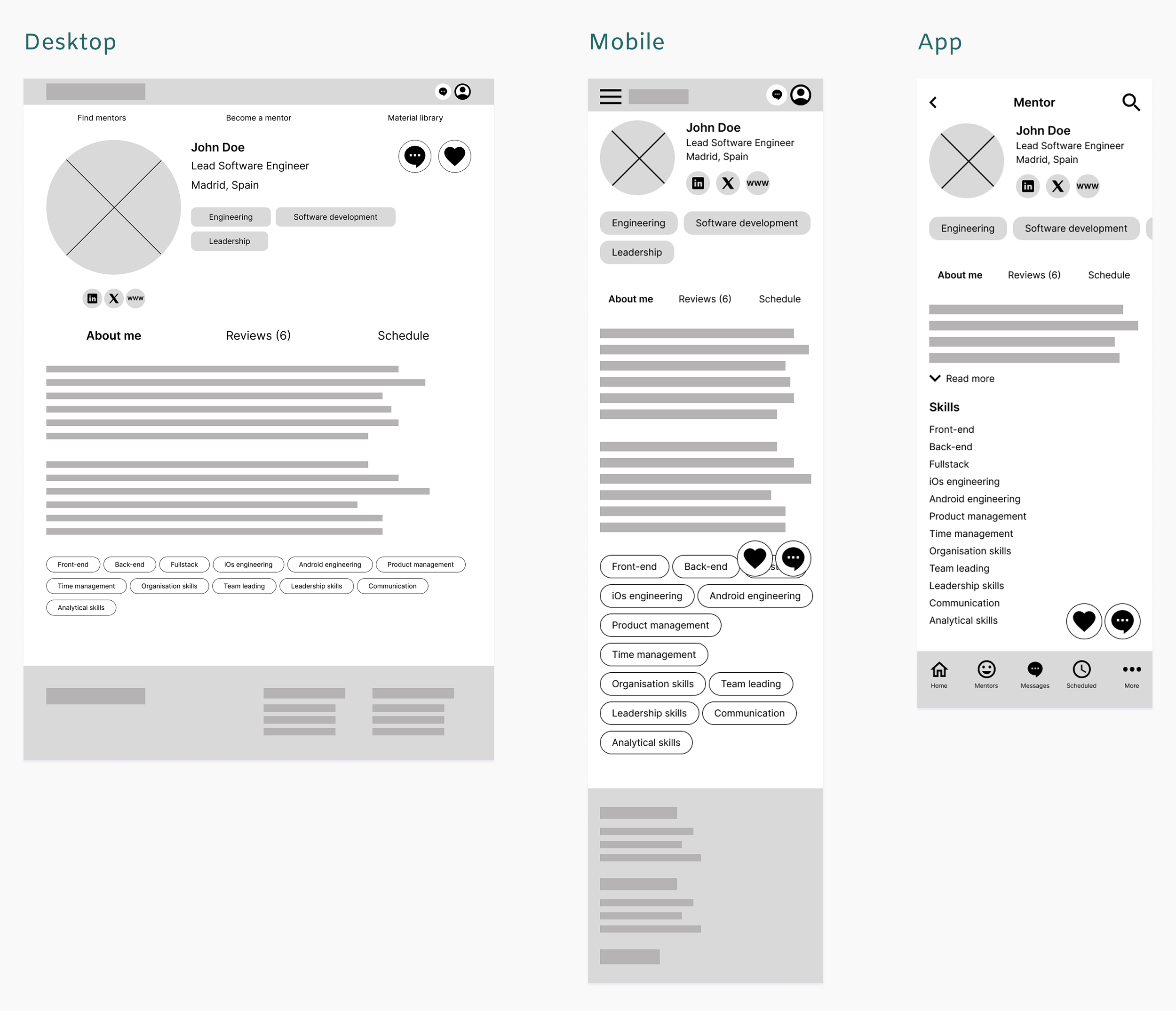 Low-fidelity wireframes mentor profile page