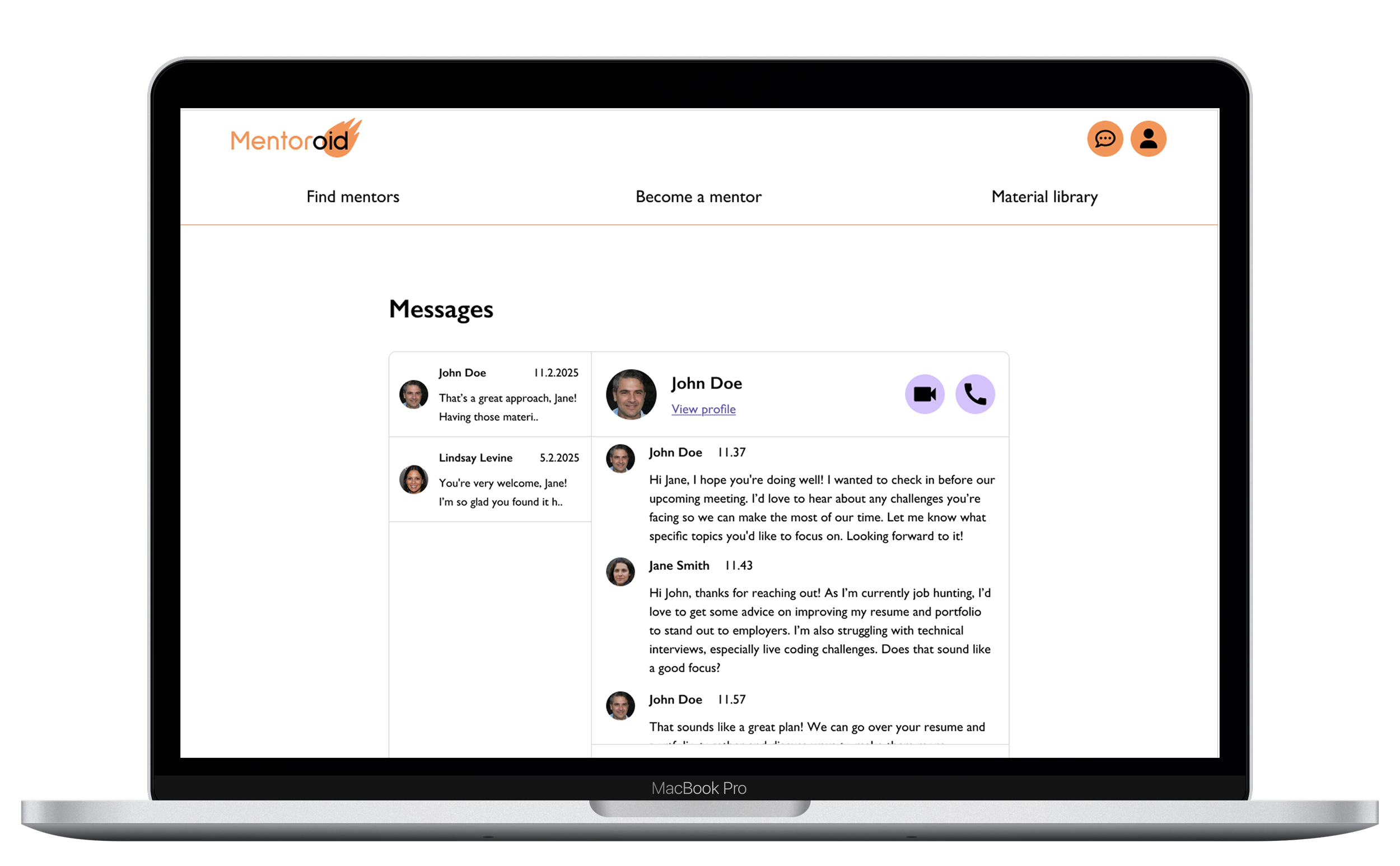 Mentoring platform mockup for desktop