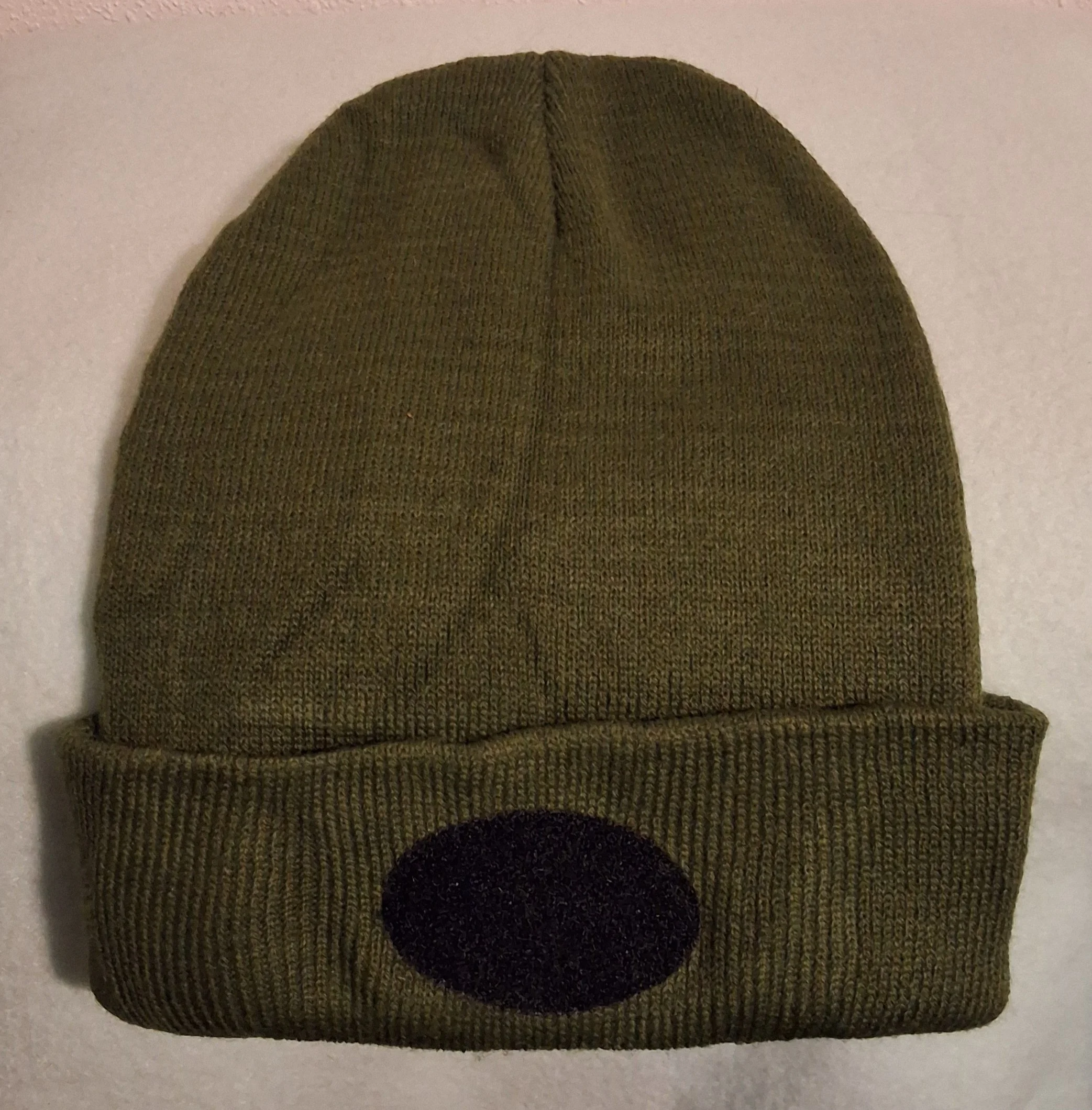 Olive green beanie 3" heat pressed oval loop