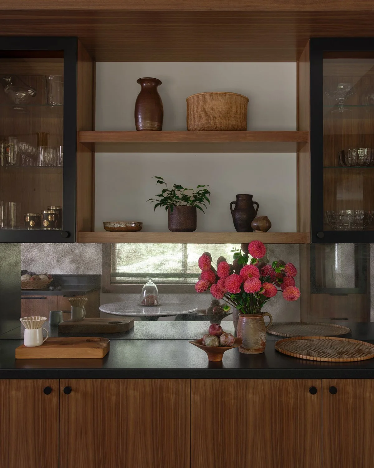kitchen counter and shelves