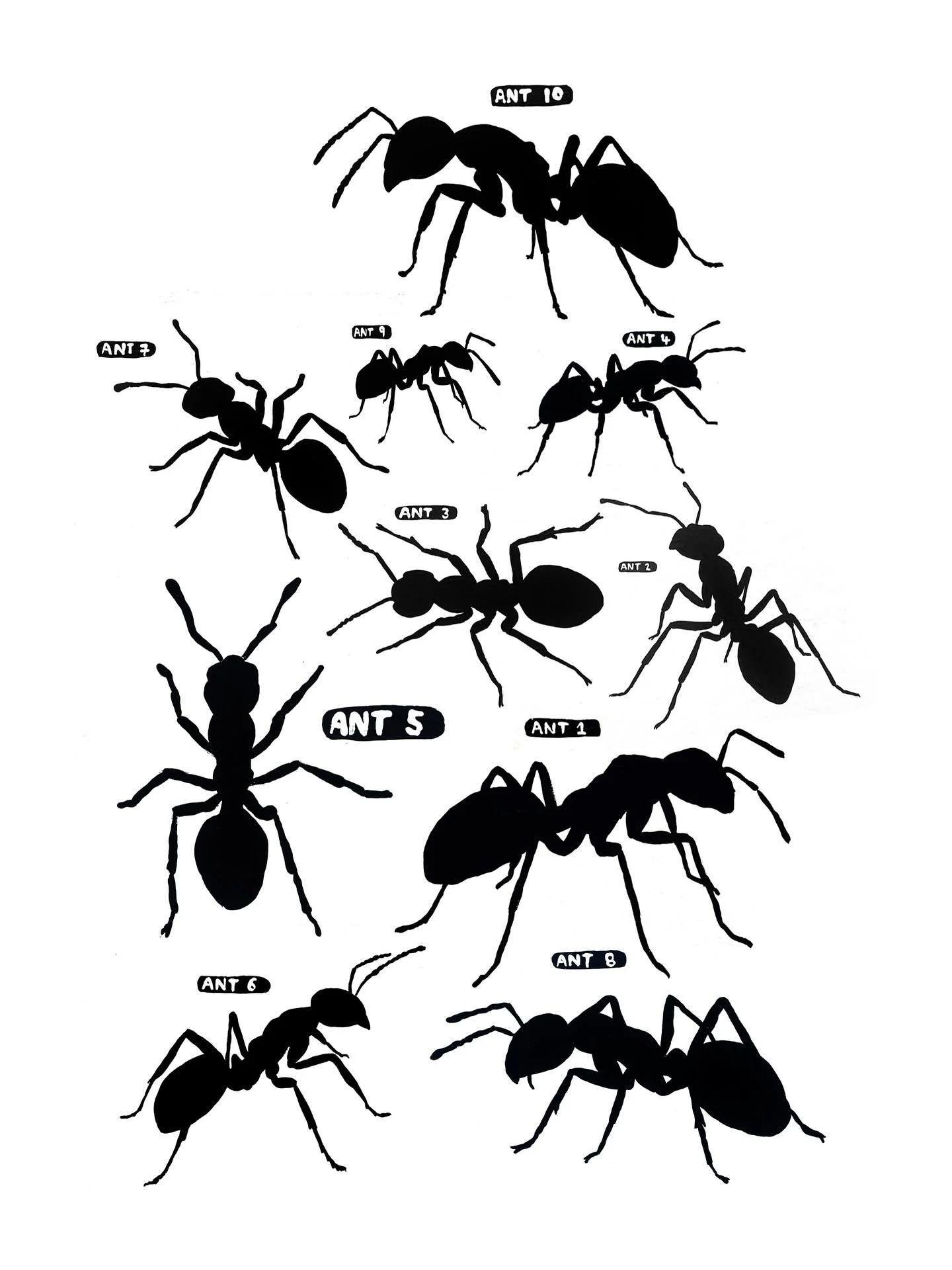 The first 10 ants in the collection.

Ant # 10 was painted today.
I make one sequentially-numbered ant painting every day.
The price matches its place in the series.
Ant # 1 was $1.
Ant # 365 will be priced at $365.
To RESERVE a FUTURE ANT, click my 