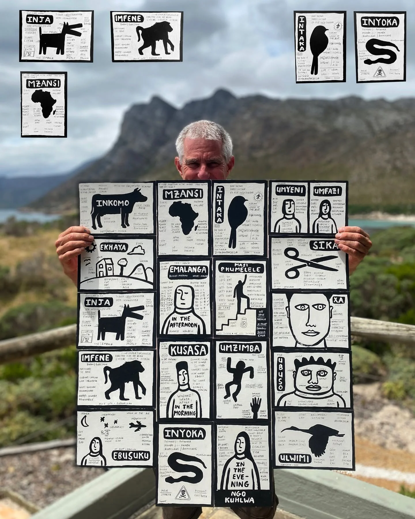 575: XHOSA FLASHCARDS
Completion Date: 24 December 2025
Medium: Paint &amp; ink on acid-free mount-board
Dimensions: 14.8 x 21 cm (5.8 x 8.3 inches)

Each card is A5.
Ongoing series.

The Xhosa people are a Nguni ethnic group whose traditional homela