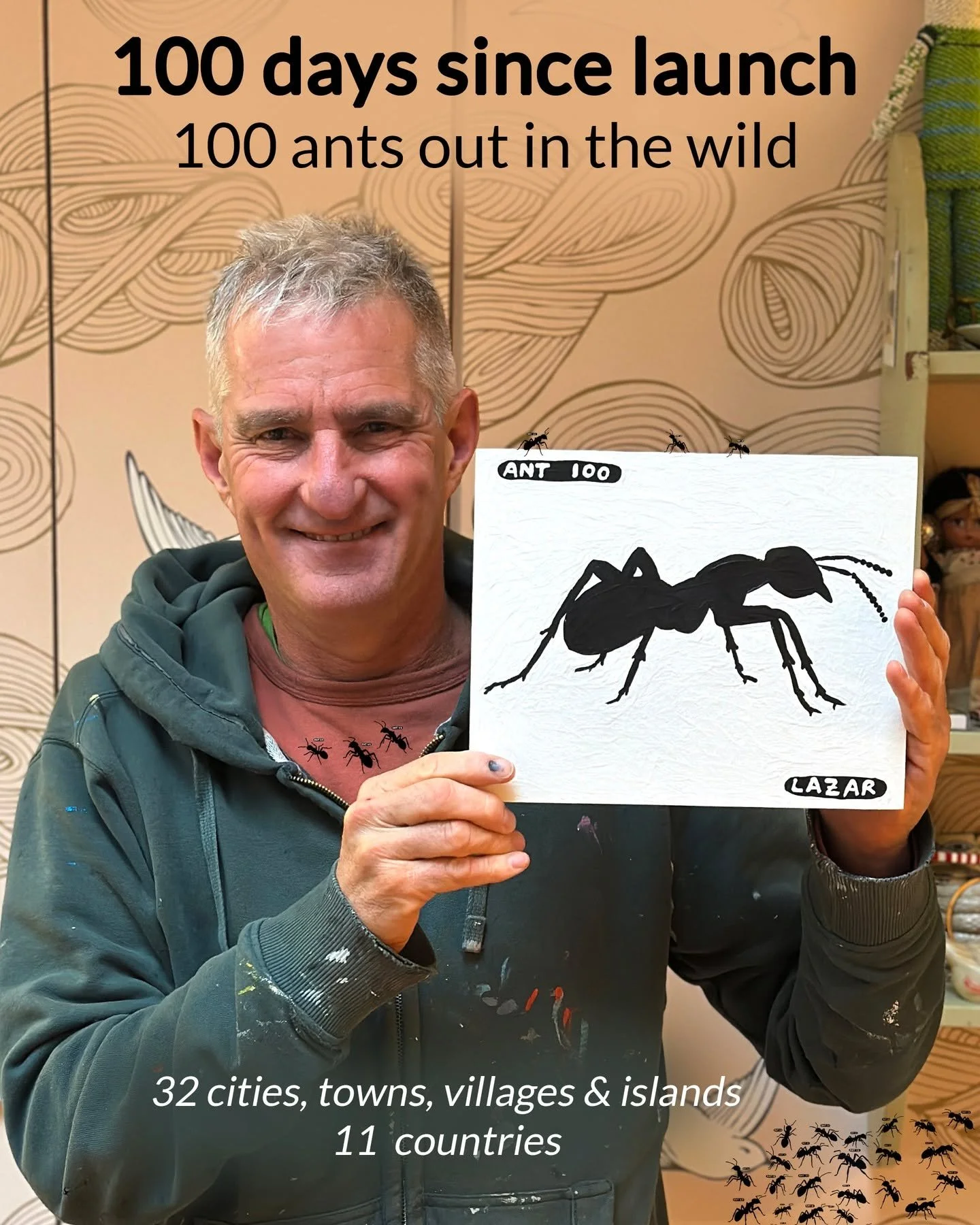 100 days since launch and 100 ants out in the wild.
# 100 is off to Madrid.

I release one sequentially-numbered ant painting every day.

The price matches its place in the series.
Ant # 1 was $1.
Ant # 1,000 will be priced at $ 1,000.

To RESERVE a 
