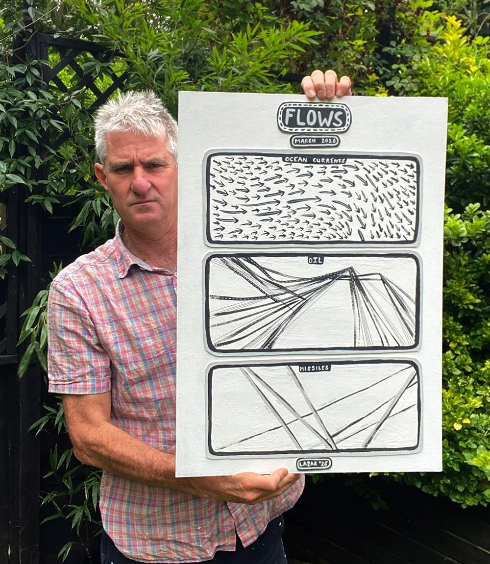 New piece: [578] FLOWS

Medium: Paint &amp; ink on acid-free mount-board
Dimensions: 70 x 50 cm (27.5 x 19.7 inches)

Ocean Currents
Oil (shipping routes through Hormuz)
Missiles