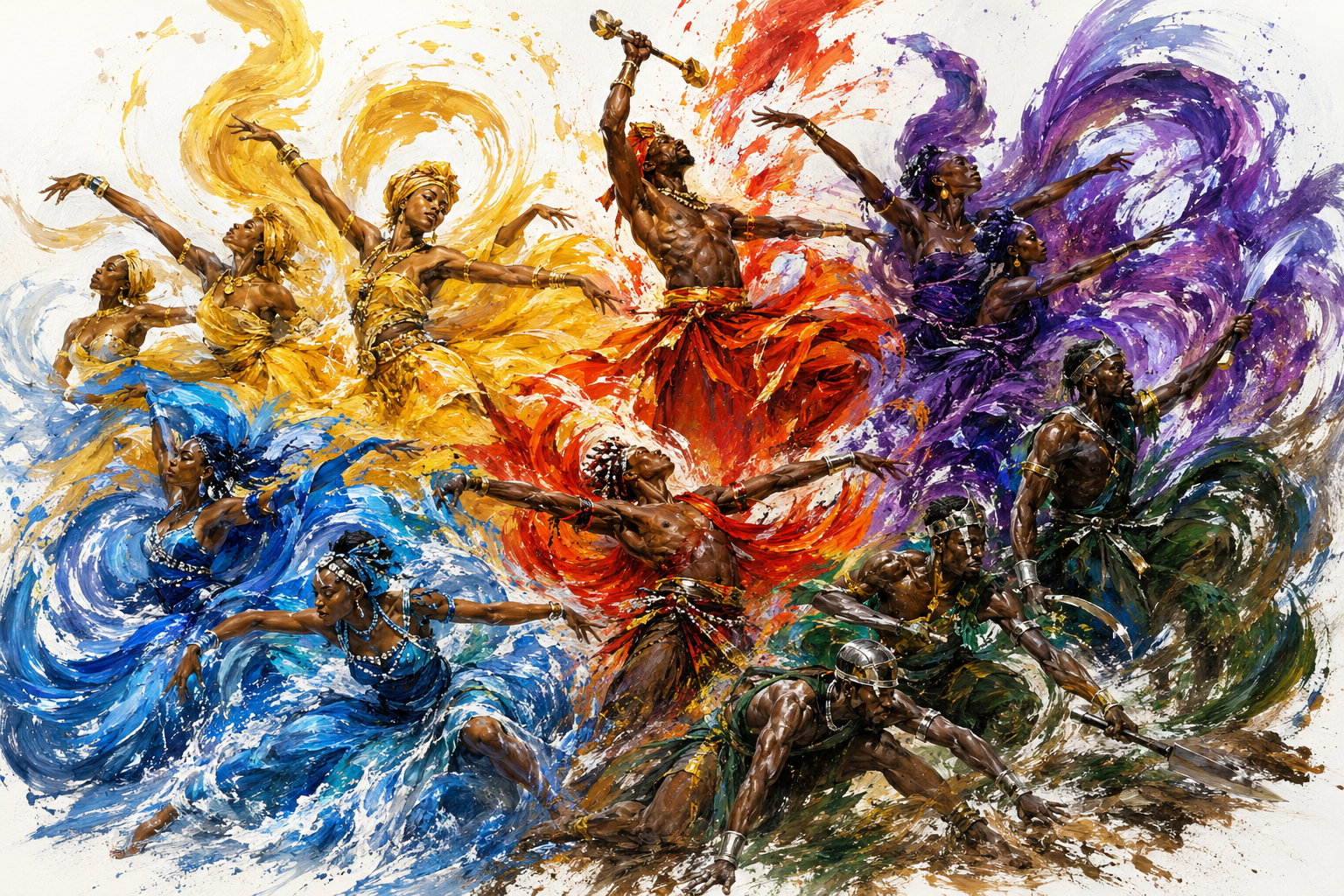 A colorful painting depicting a group of African dancers in vibrant traditional attire, dancing dynamically with swirling colors representing water, fire, and wind around them.