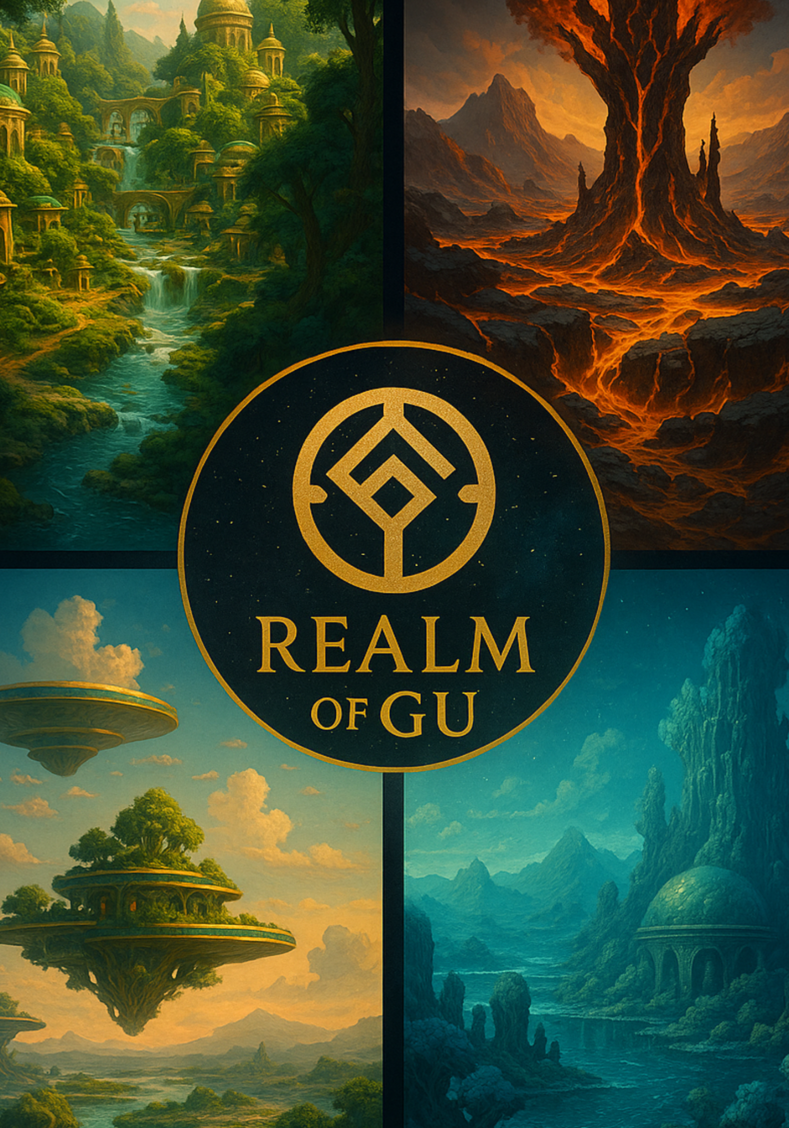 Four fantasy landscape scenes surround a central logo for 'Realm of GU.' The top left shows a lush green city with temples and waterfalls on a mountain. The top right depicts a fiery, volcanic landscape with glowing lava and jagged mountains. The bottom left features floating islands with trees and ancient structures in a pastel-colored sky. The bottom right displays a misty mountainous area with a domed building among tall rocks and waterfalls.