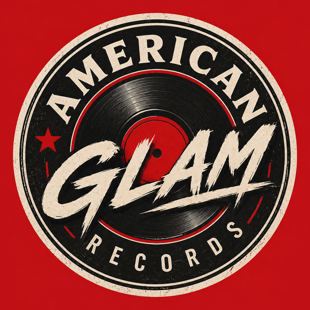 A circular logo with a vintage design featuring the words 'American Glam Records' around a black vinyl record with red accents and the word 'Glam' in bold, distressed lettering in the center.