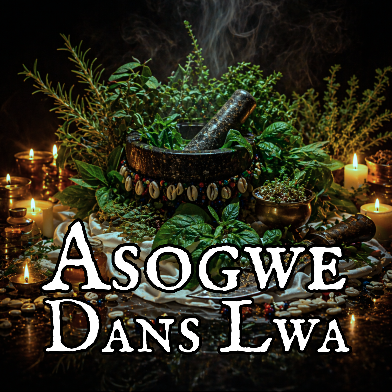 A memorial with candles, greenery, and a black stone with a mortar and pestle, surrounded by shells and stones, with the overlay text 'ASOGWE DANS L'W'A'.