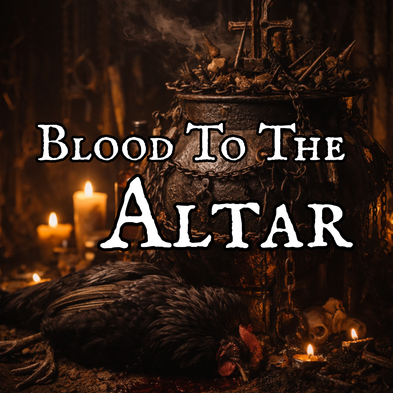 Dark ritual scene with black candles, a cauldron, chains, and a dead chicken, with the text "Blood To The Altar" overlaying.