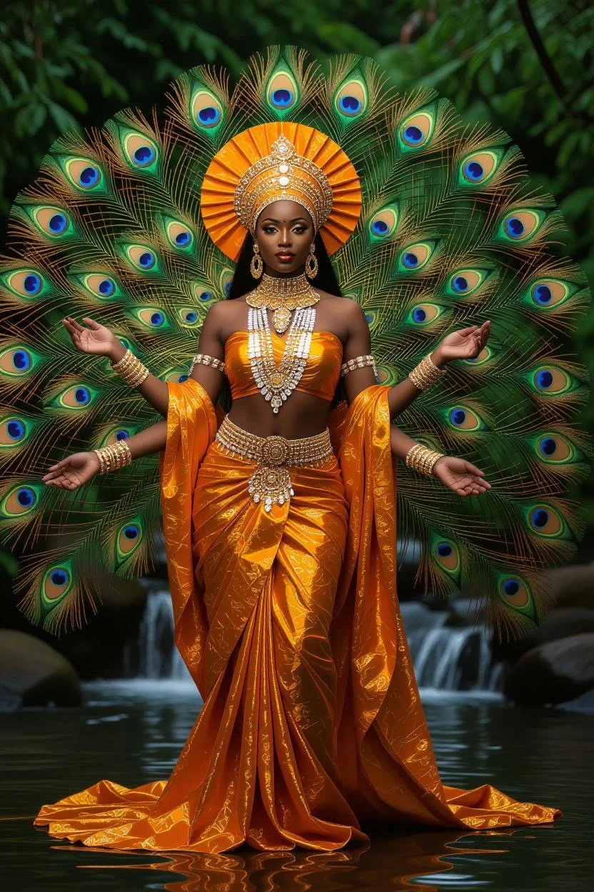 A woman dressed in vibrant orange and gold attire with peacock feather decorations, standing in a water setting surrounded by lush greenery.