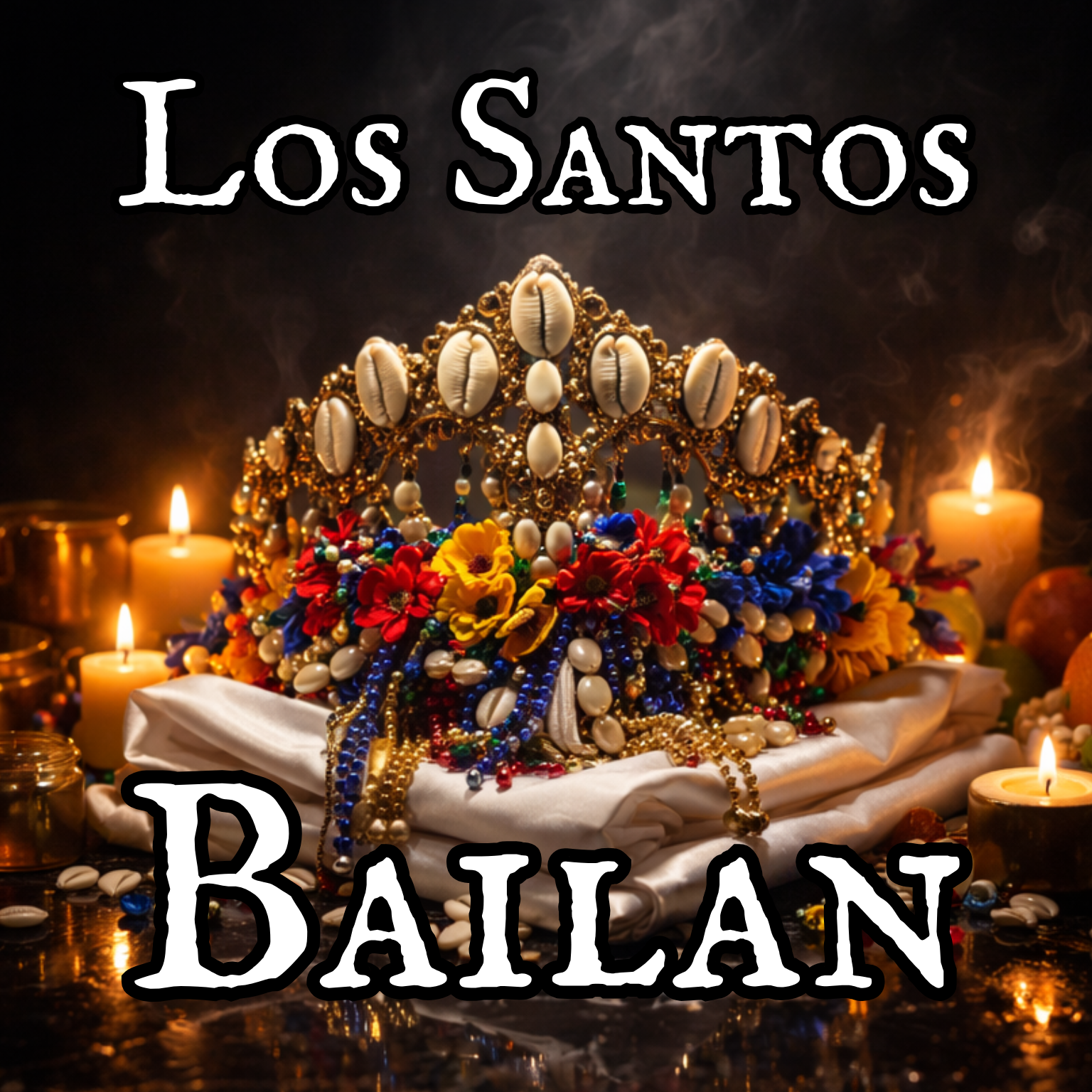 Decorated crown with shells, colorful flowers, and jewelry on a white cloth with lit candles in the background, representing a Los Santos Bailan celebration.