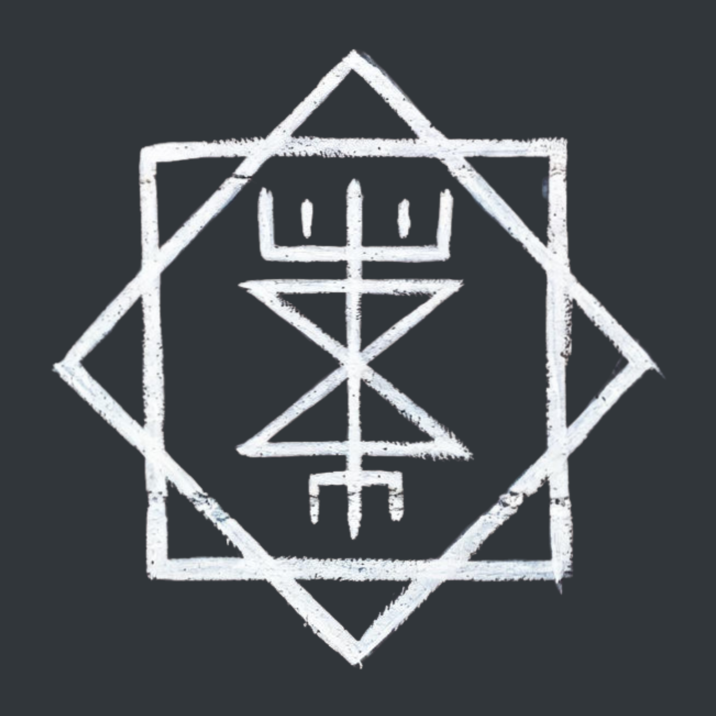 A white geometric symbol on a dark background, featuring lines and shapes forming a complex, symmetrical pattern.