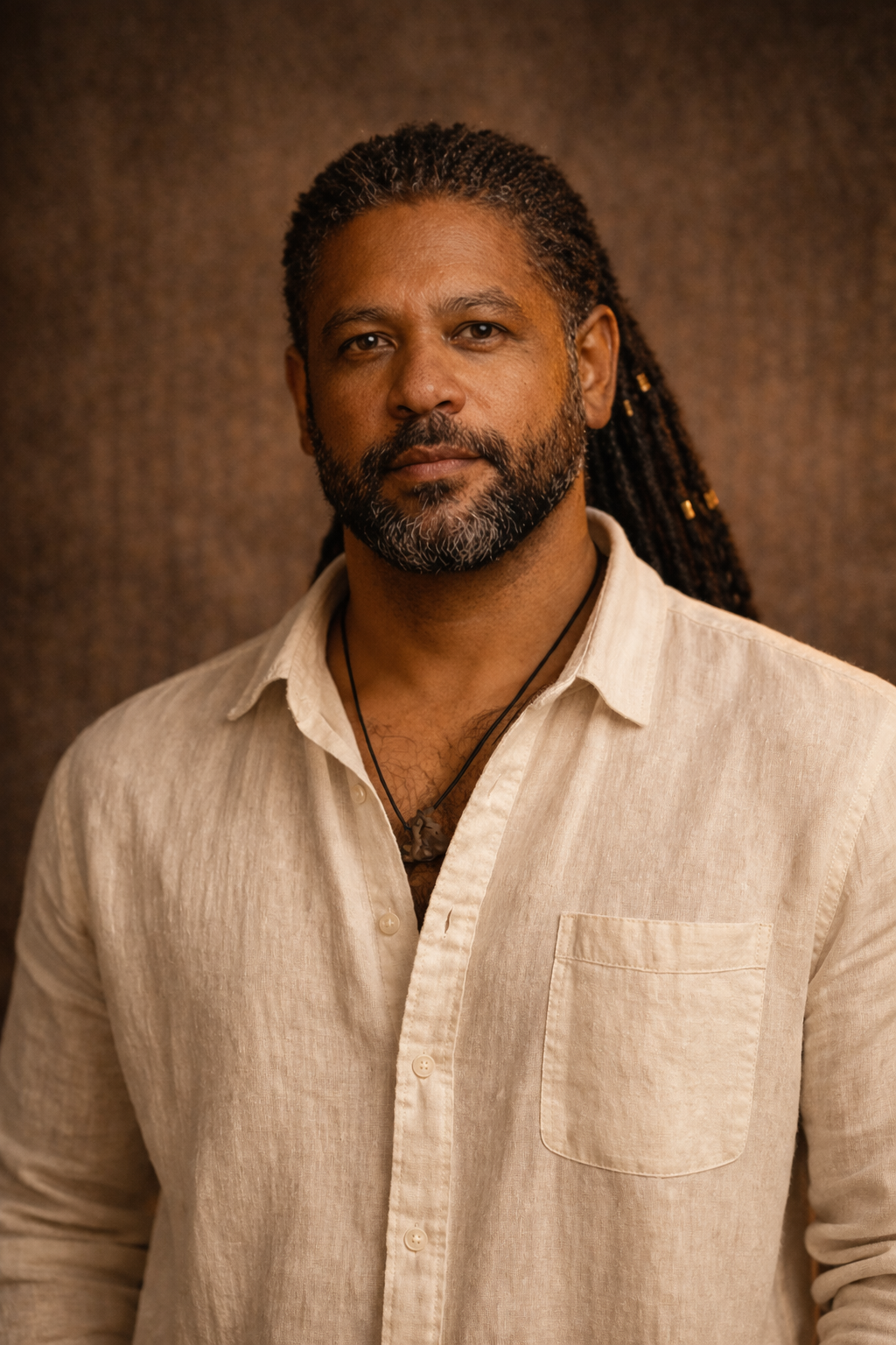 Portrait of a man with dreadlocks, beard, and mustache, wearing a cream-colored shirt and a necklace, standing against a brown textured background.