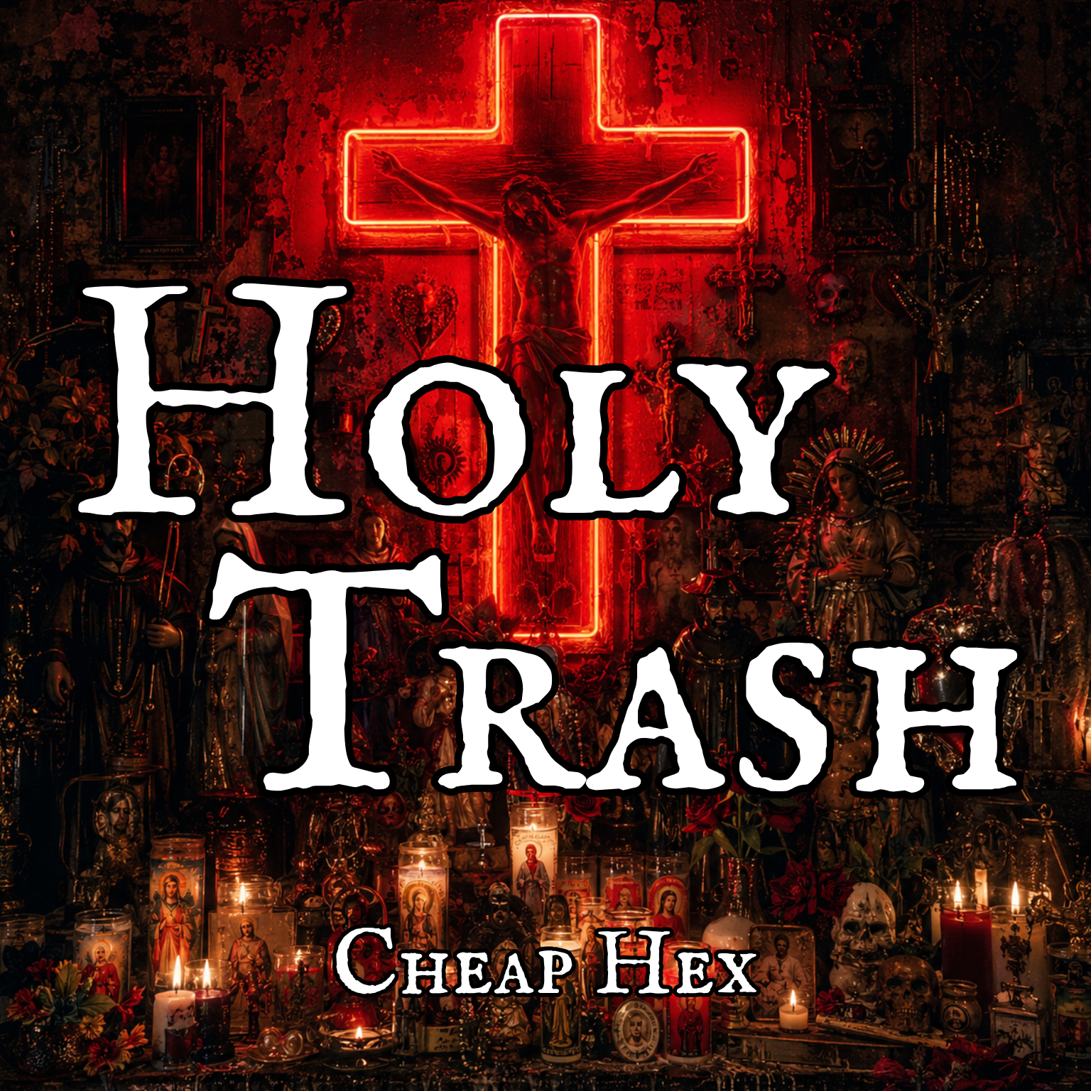 A religious shrine with a neon cross shaped sign, candles, skulls, and religious icons. The words 'Holy Trash' are overlaid in large white letters, and 'Cheap Hex' is displayed in smaller white letters at the bottom.