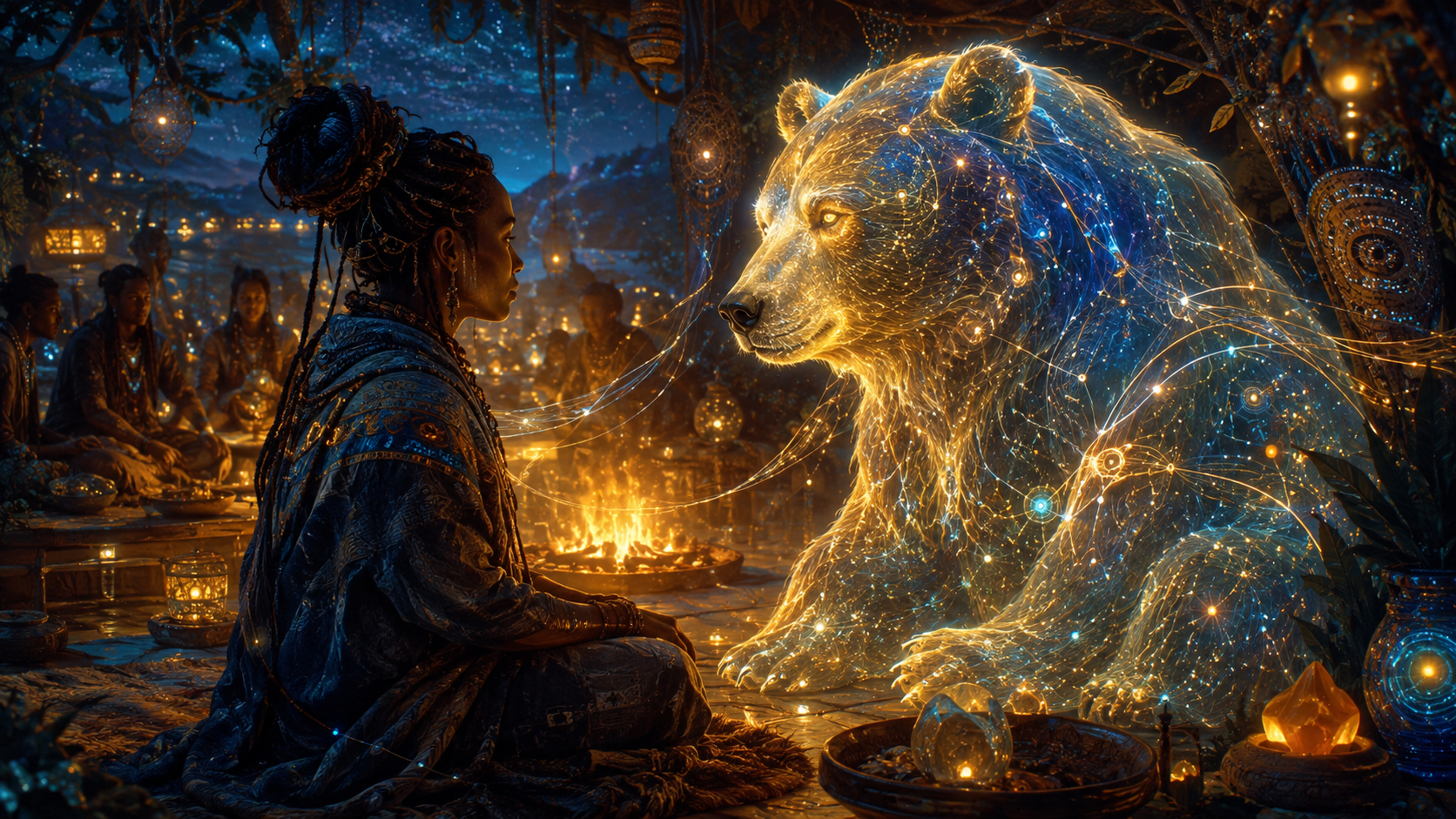 A woman and a glowing, holographic lion in a mystical setting with people sitting around a fire and various lights and lanterns.