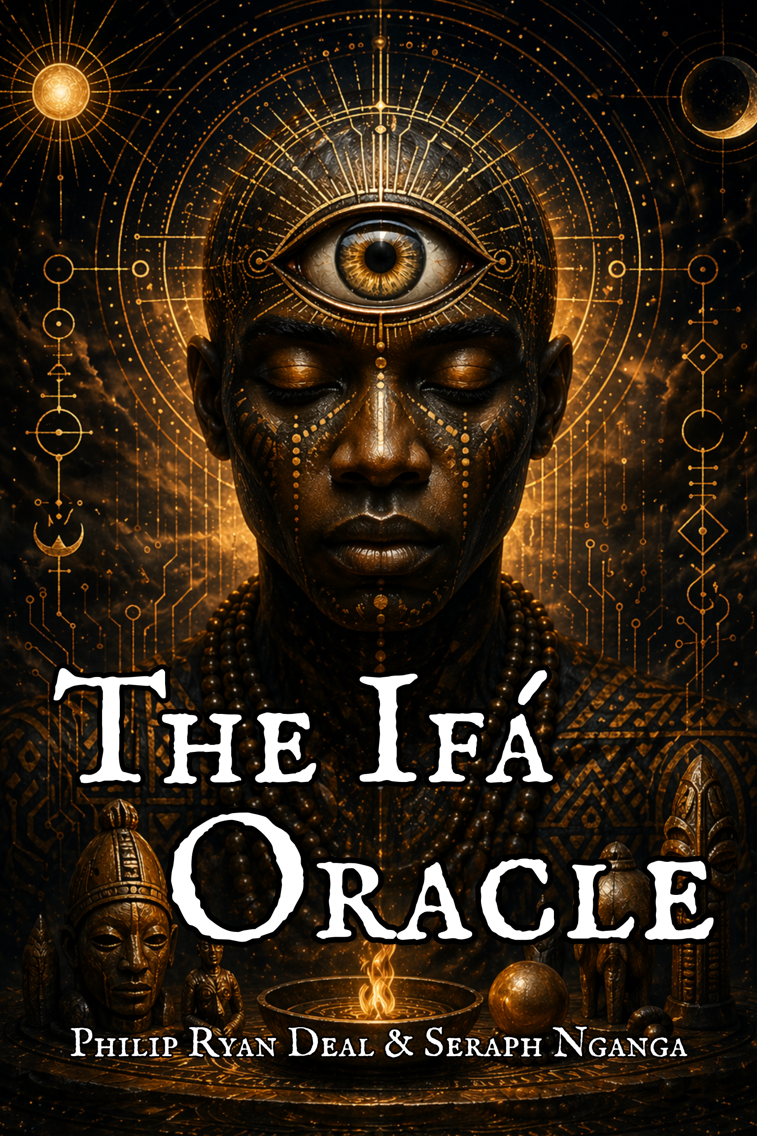 A digital art depiction of a human face with an eye on the forehead, surrounded by intricate gold and black patterns, symbols, and celestial motifs, including the moon and sun, with the title "The Tea of the Oracle" and the authors' names, Philip Ryan Deal and Seraph Nganga.
