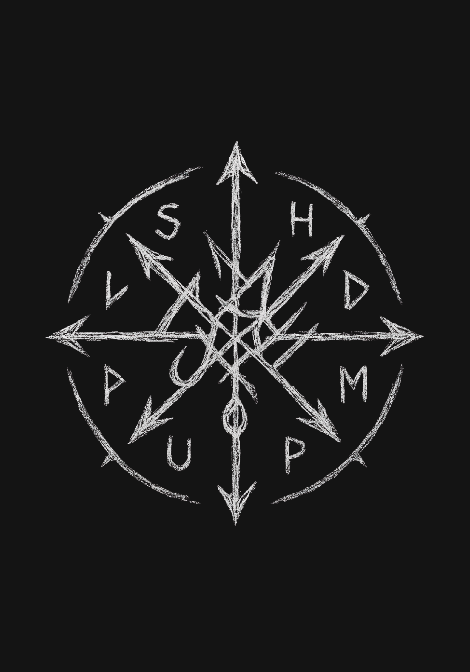 A dark background with a white, chalk-like drawing of a sigil or symbol involving arrows, circles, and letters, resembling a magical or mystical design.