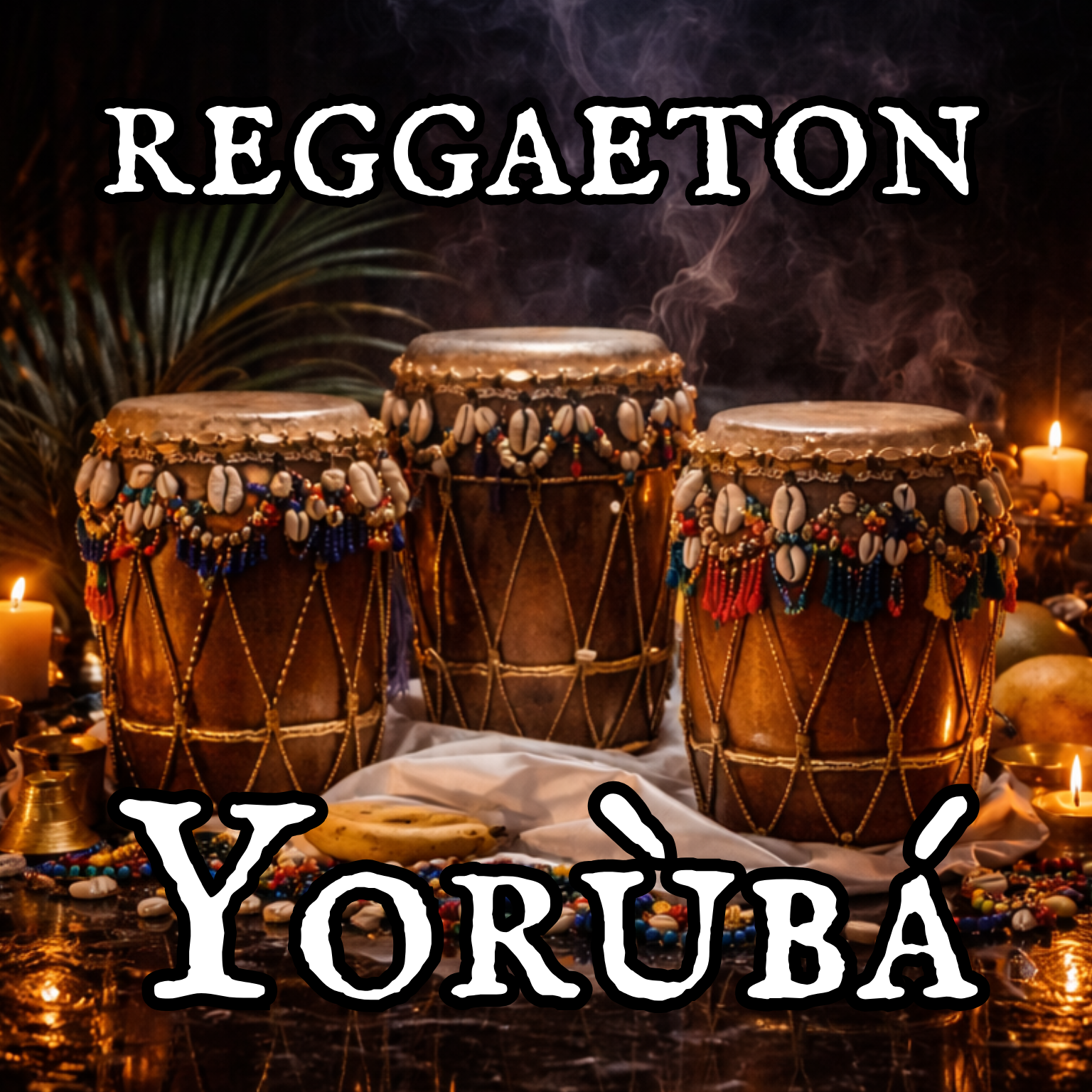 Three traditional drums decorated with shells, beads, and colorful fabric, surrounded by candles and spiritual items, in a dark, smoky setting, representing presence of reggae music in Yoruba culture.