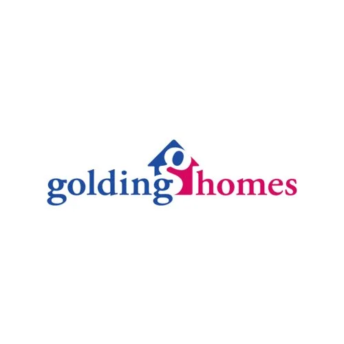 Golding Homes logo with stylized house and person symbol in blue and pink text.