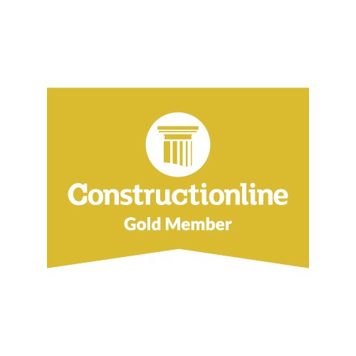 Constructionline Gold Member logo with a gold background, white text, and a white column icon.