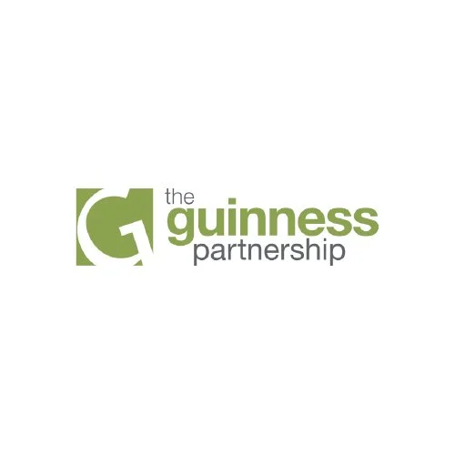 Logo for The Guinness Partnership with a stylized 'G' and text in green and gray.