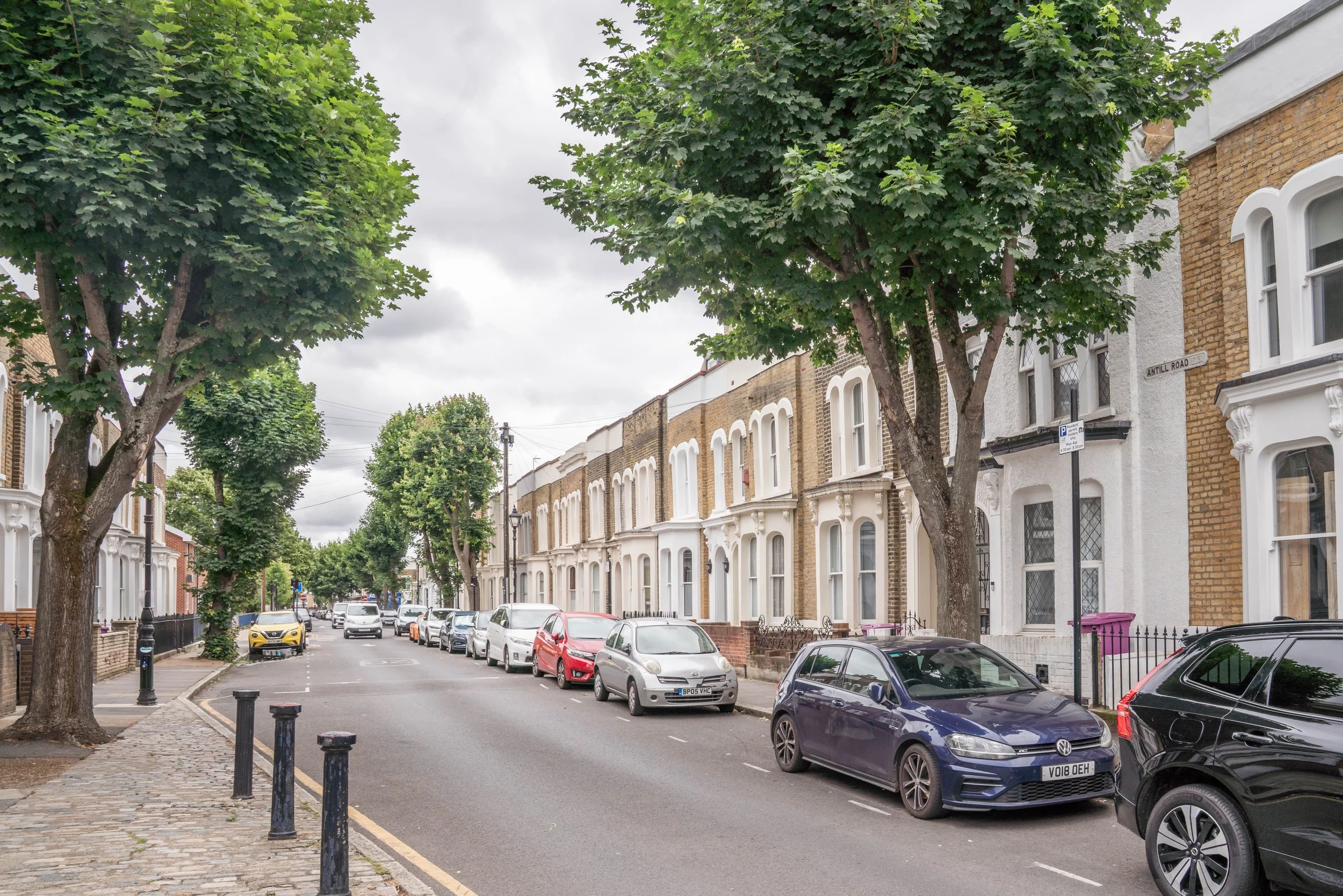 A residential street with a row of brick and white houses, trees lining the sidewalk, and parked cars along the curb on a cloudy day.