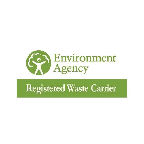 Logo of Environment Agency with a green tree icon and the text 'Registered Waste Carrier'.