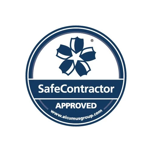 A circular logo with a stylized flower at the top and the words 'SafeContractor Approved' in the center, along with a website URL at the bottom.