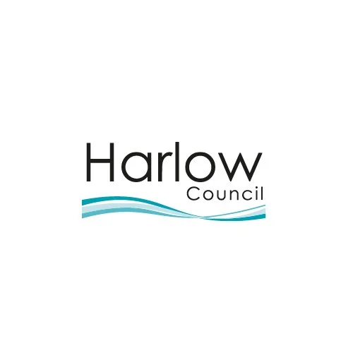 Harlow Council logo with the words 'Harlow' and 'Council' and blue wavy lines beneath.