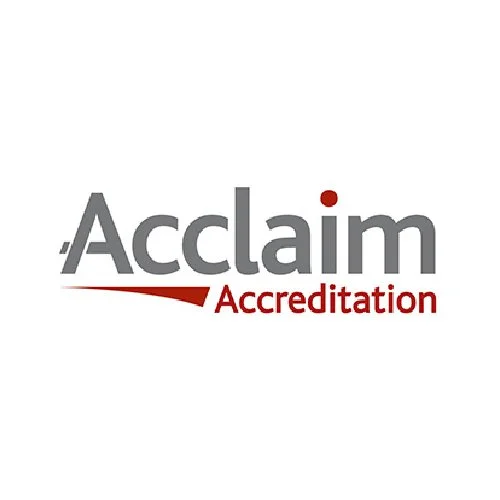 Logo for Acclaim Accreditation with the word 'Acclaim' in gray and 'Accreditation' in red, featuring a red underline beneath 'Accreditation'.