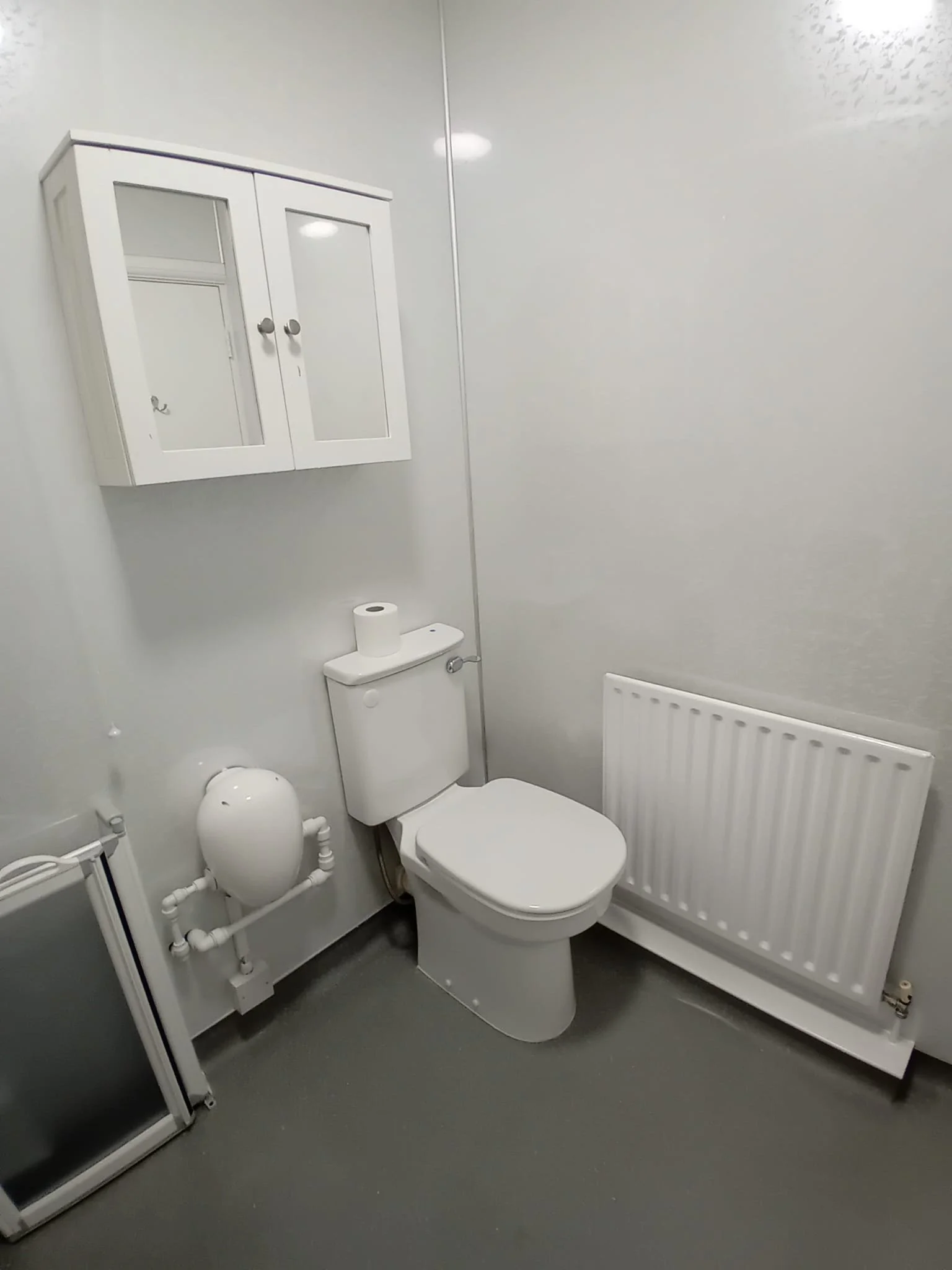 A small bathroom with a white toilet, a white wall-mounted cabinet with a mirror, a radiator, and a white framed mirror on the wall.