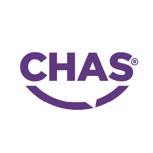Chas logo in purple with a curved line beneath the text.